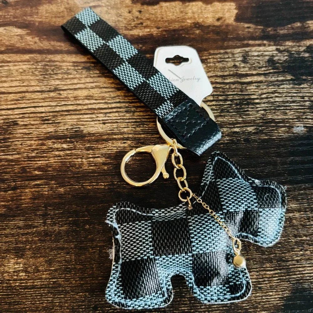 Black Gray Checkered Dog Keychain Wristlet Gold Tone Hardware Bell Charm